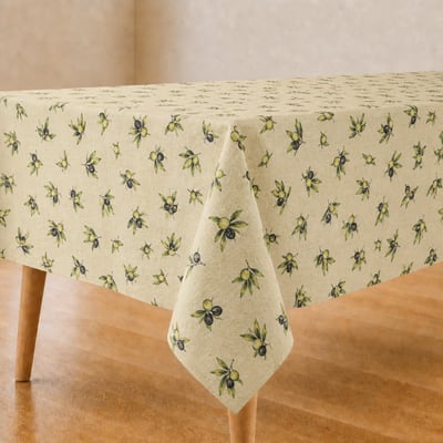 Tafelzeil met kleurrijke fruitprint van ananas, appel en peer op tafel