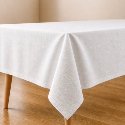 Katoenen tafelkleed op een gedekte eettafel in een lichte eetkamer