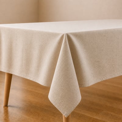 Halflinnen tafelkleed op gedekte houten eettafel