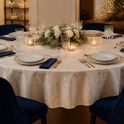 Feesttafel met gouden decoratie, champagneglazen en nieuwjaarsversiering
